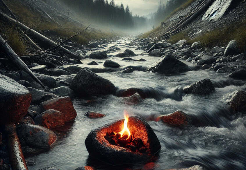 Got Your Six A lone flame burns on a stone in the heart of a river — steady, impossible, and alive in the flow.